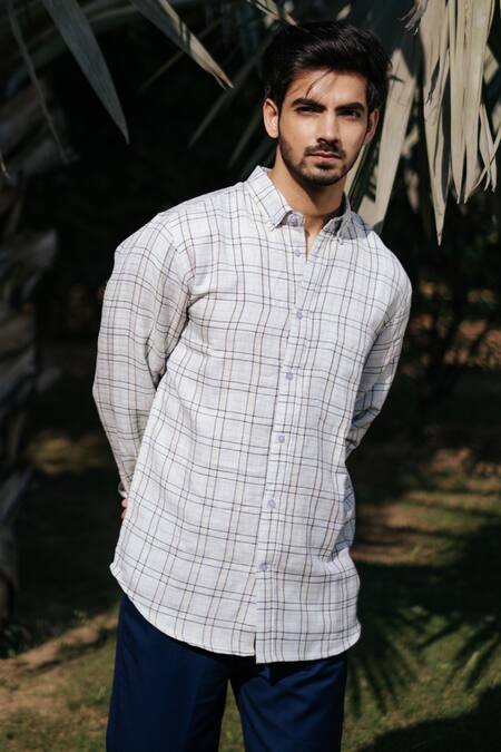 Shop_Artless_Grey Recycled Cotton Printed Checkered Me Out Shirt_at_Aza_Fashions