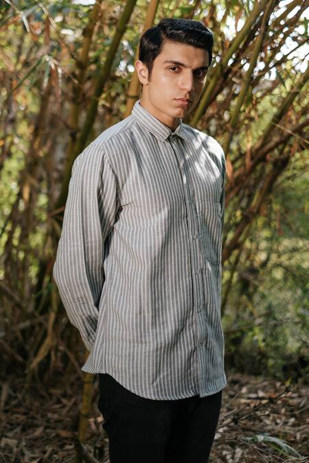 Buy_Artless_Blue Recycled Cotton Printed Line Shirt_Online_at_Aza_Fashions