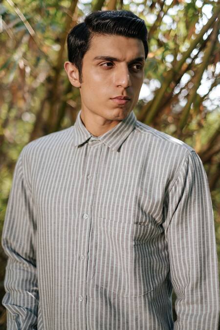 Shop_Artless_Blue Recycled Cotton Printed Line Shirt_Online_at_Aza_Fashions