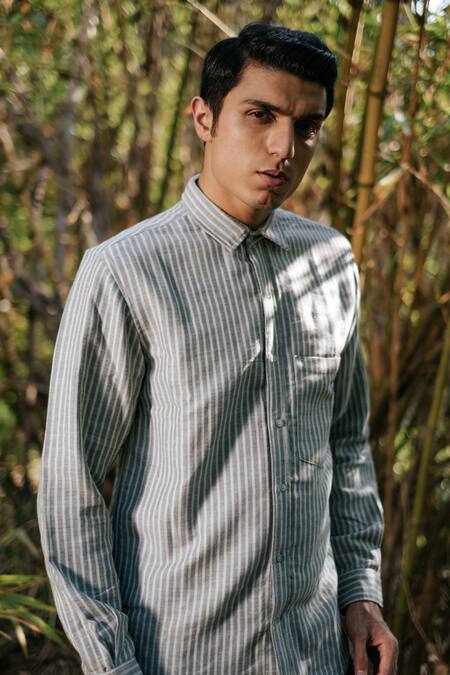 Artless_Blue Recycled Cotton Printed Line Shirt_at_Aza_Fashions