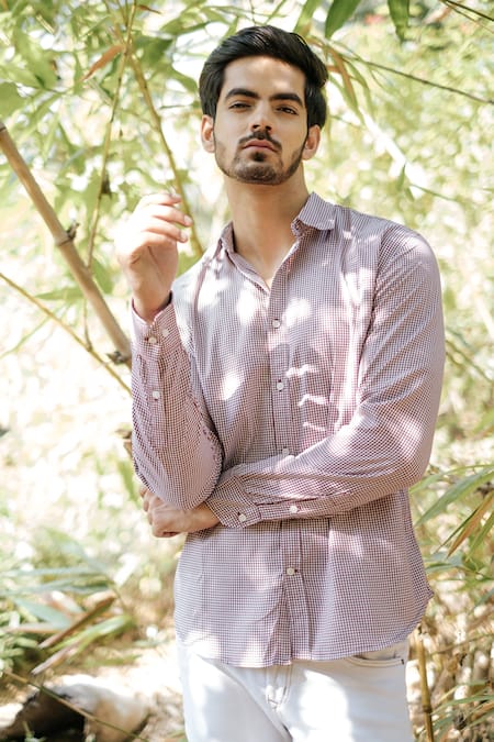 Shop_Artless_Red Recycled Cotton Printed Houndstooth Shirt_at_Aza_Fashions
