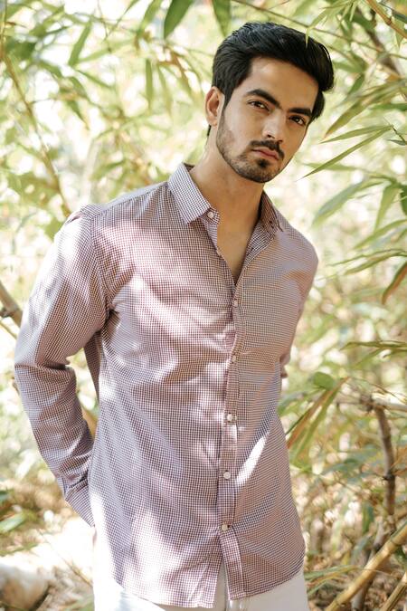 Artless_Red Recycled Cotton Printed Houndstooth Shirt_Online_at_Aza_Fashions
