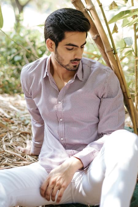 Shop_Artless_Red Recycled Cotton Printed Houndstooth Shirt_Online_at_Aza_Fashions