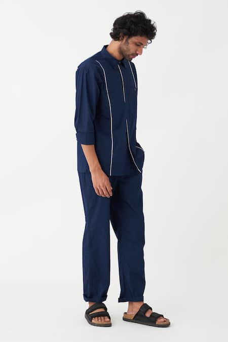 Three_Blue Cotton, Poplin Plain Shirt And Pant Set _Online_at_Aza_Fashions