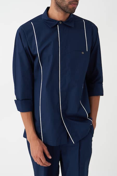 Buy_Three_Blue Cotton, Poplin Plain Shirt And Pant Set _Online_at_Aza_Fashions