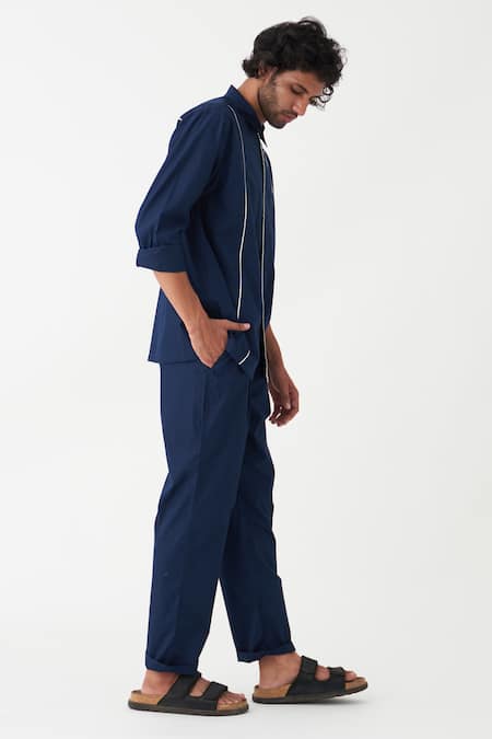 Shop_Three_Blue Cotton, Poplin Plain Shirt And Pant Set _Online_at_Aza_Fashions