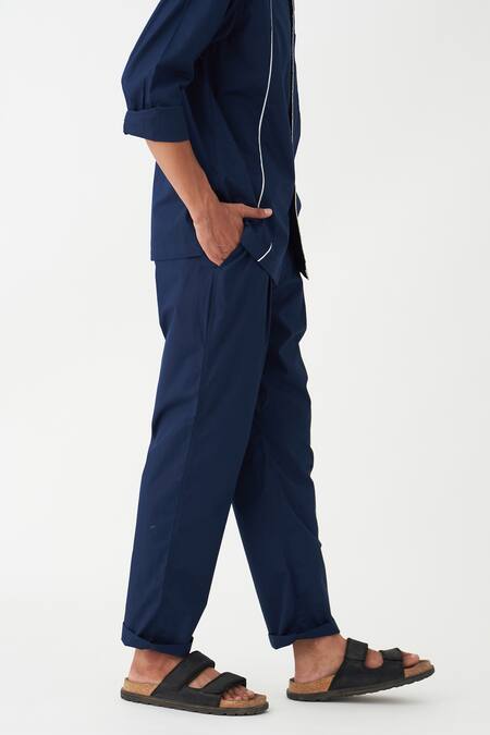 Three_Blue Cotton, Poplin Plain Shirt And Pant Set _at_Aza_Fashions