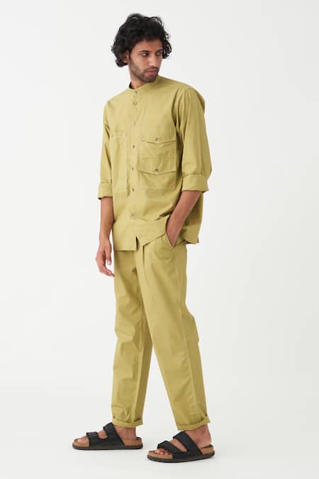 Shop_Three_Green Poplin Solid Front Pleated Pant  _Online_at_Aza_Fashions