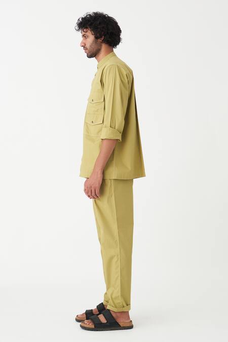 Three_Green Poplin Solid Front Pleated Pant  _at_Aza_Fashions