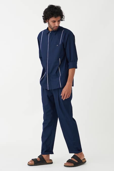 Three_Blue Poplin Piping Plain Collared Shirt _Online_at_Aza_Fashions