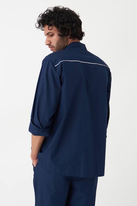 Buy_Three_Blue Poplin Piping Plain Collared Shirt _Online_at_Aza_Fashions