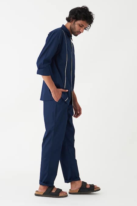 Shop_Three_Blue Poplin Piping Plain Collared Shirt _Online_at_Aza_Fashions