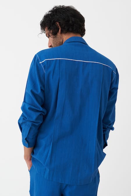 Shop Three Blue Handloom Cotton Solid Collared Shirt at Aza Fashions Shop_Three_Blue Handloom Cotton Solid Collared Shirt _at_Aza_Fashions