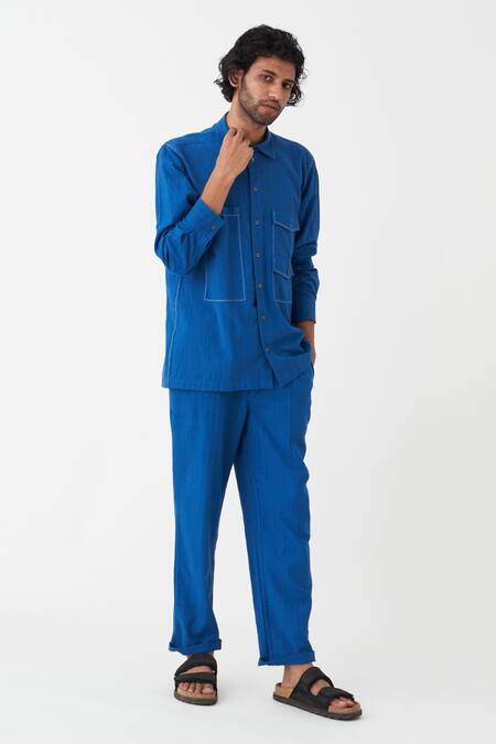 Buy Three Blue Handloom Cotton Solid Collared Shirt Online at Aza Fashions Buy_Three_Blue Handloom Cotton Solid Collared Shirt _Online_at_Aza_Fashions