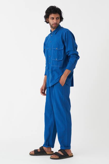 Shop Three Blue Handloom Cotton Solid Collared Shirt Online at Aza Fashions Shop_Three_Blue Handloom Cotton Solid Collared Shirt _Online_at_Aza_Fashions