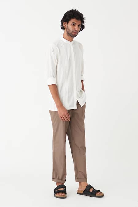 Shop Three White Muslin Solid Band Collar Shirt at Aza Fashions Shop_Three_White Muslin Solid Band Collar Shirt _at_Aza_Fashions