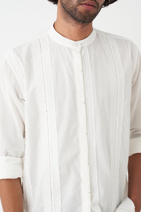 Shop Three White Muslin Solid Band Collar Shirt Online at Aza Fashions Shop_Three_White Muslin Solid Band Collar Shirt _Online_at_Aza_Fashions