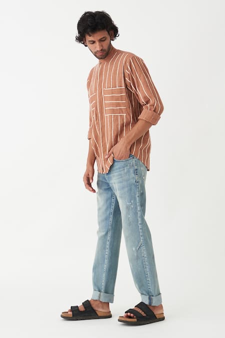 Buy_Three_Beige Handloom Cotton Striped Print Roll-up Sleeve Shirt _Online_at_Aza_Fashions