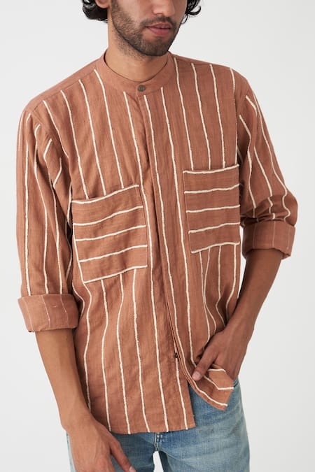 Shop_Three_Beige Handloom Cotton Striped Print Roll-up Sleeve Shirt _Online_at_Aza_Fashions