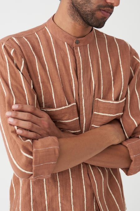 Three_Beige Handloom Cotton Striped Print Roll-up Sleeve Shirt _at_Aza_Fashions