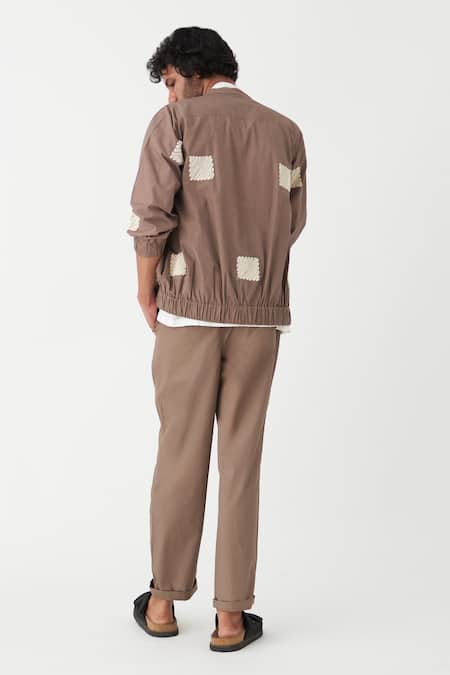 Shop Three Brown Poplin Embroidered Square Wave Bomber Jacket Pant Set at Aza Fashions Shop_Three_Brown Poplin Embroidered Square Wave Bomber Jacket Pant Set _at_Aza_Fashions