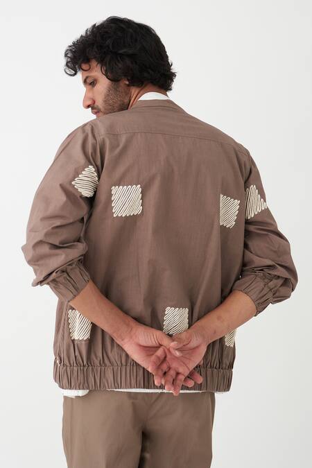 Buy Three Brown Poplin Embroidered Square Wave Bomber Jacket Pant Set Online at Aza Fashions Buy_Three_Brown Poplin Embroidered Square Wave Bomber Jacket Pant Set _Online_at_Aza_Fashions