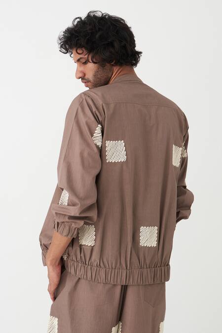 Shop Three Brown Poplin Embroidered Square Wave Bomber Jacket And Pant Set at Aza Fashions Shop_Three_Brown Poplin Embroidered Square Wave Bomber Jacket And Pant Set _at_Aza_Fashions