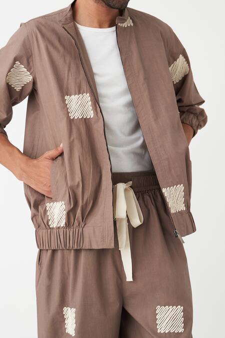 Three Brown Poplin Embroidered Square Wave Bomber Jacket And Pant Set Online at Aza Fashions Three_Brown Poplin Embroidered Square Wave Bomber Jacket And Pant Set _Online_at_Aza_Fashions