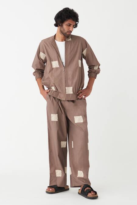 Buy Three Brown Poplin Embroidered Square Wave Bomber Jacket And Pant Set Online at Aza Fashions Buy_Three_Brown Poplin Embroidered Square Wave Bomber Jacket And Pant Set _Online_at_Aza_Fashions