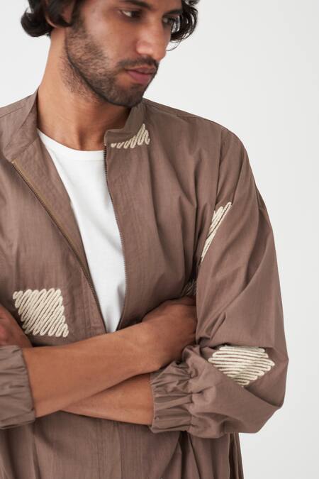Shop Three Brown Poplin Embroidered Square Wave Bomber Jacket And Pant Set Online at Aza Fashions Shop_Three_Brown Poplin Embroidered Square Wave Bomber Jacket And Pant Set _Online_at_Aza_Fashions
