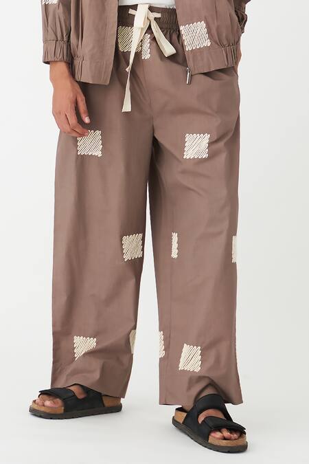 Three_Brown Poplin Embroidered Square Wave Pant  _Online_at_Aza_Fashions