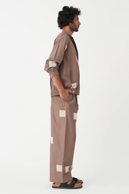 Buy_Three_Brown Poplin Embroidered Square Wave Pant  _Online_at_Aza_Fashions