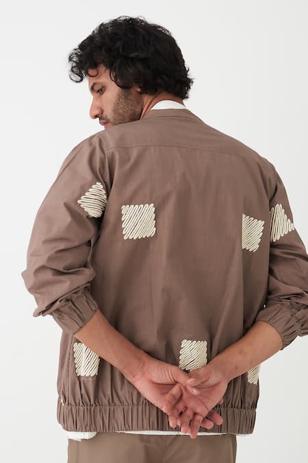 Shop Three Brown Poplin Embroidery Square Wave Bomber Jacket at Aza Fashions Shop_Three_Brown Poplin Embroidery Square Wave Bomber Jacket _at_Aza_Fashions
