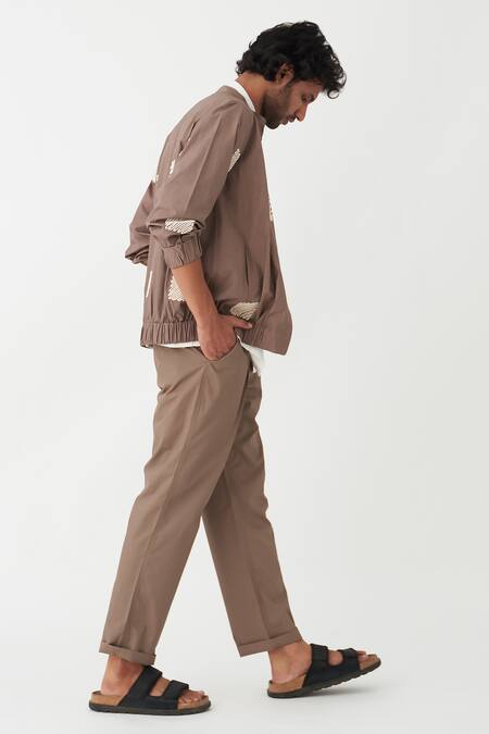 Three Brown Poplin Embroidery Square Wave Bomber Jacket Online at Aza Fashions Three_Brown Poplin Embroidery Square Wave Bomber Jacket _Online_at_Aza_Fashions