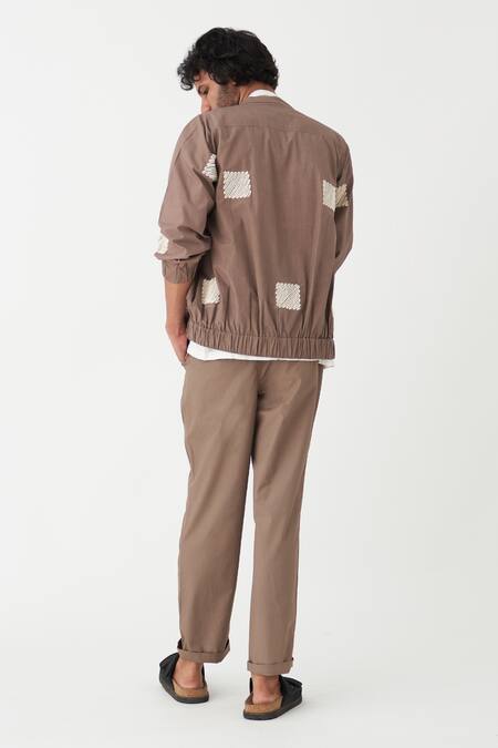 Buy Three Brown Poplin Embroidery Square Wave Bomber Jacket Online at Aza Fashions Buy_Three_Brown Poplin Embroidery Square Wave Bomber Jacket _Online_at_Aza_Fashions