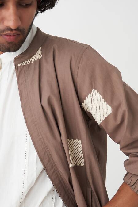 Shop Three Brown Poplin Embroidery Square Wave Bomber Jacket Online at Aza Fashions Shop_Three_Brown Poplin Embroidery Square Wave Bomber Jacket _Online_at_Aza_Fashions