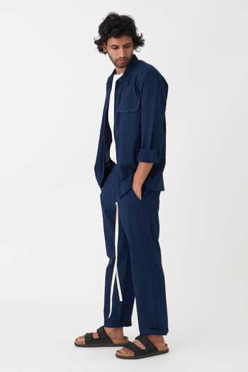 Three Blue Handloom Cotton Solid Shacket And Pant Set Online at Aza Fashions Three_Blue Handloom Cotton Solid Shacket And Pant Set _Online_at_Aza_Fashions