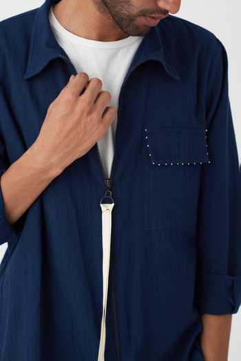 Shop Three Blue Handloom Cotton Solid Shacket And Pant Set Online at Aza Fashions Shop_Three_Blue Handloom Cotton Solid Shacket And Pant Set _Online_at_Aza_Fashions