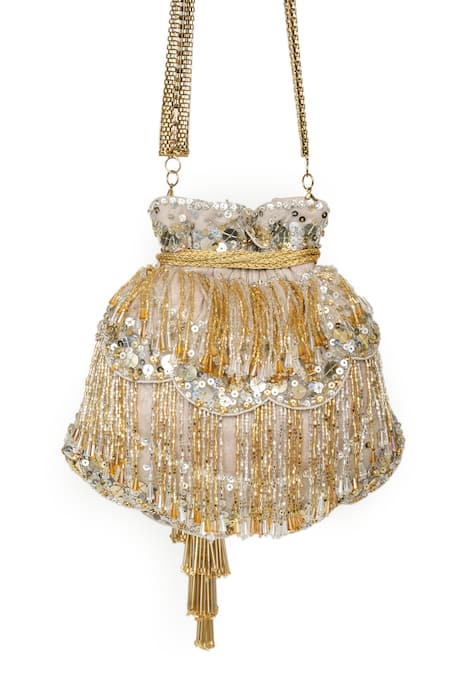Shop SG Collection By Sonia Gulrajani Gold Embellished Cascade Cutdana Potli Bag at Aza Fashions Shop_SG Collection By Sonia Gulrajani_Gold Embellished Cascade Cutdana Potli Bag _at_Aza_Fashions