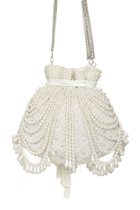 Shop SG Collection By Sonia Gulrajani Ivory Embellished Pearl Potli Bag at Aza Fashions Shop_SG Collection By Sonia Gulrajani_Ivory Embellished Pearl Potli Bag _at_Aza_Fashions