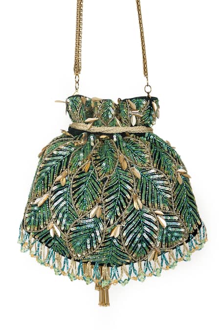 Shop SG Collection By Sonia Gulrajani Green Embellished Amazonico Leaf Potli Bag at Aza Fashions Shop_SG Collection By Sonia Gulrajani_Green Embellished Amazonico Leaf Potli Bag _at_Aza_Fashions