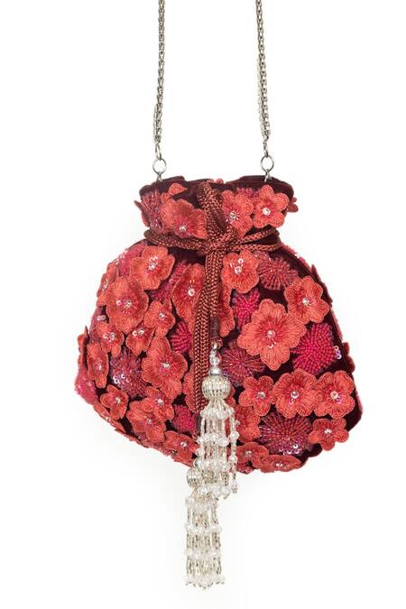 SG Collection By Sonia Gulrajani_Red Embellished Flower Party Potli Bag _Online_at_Aza_Fashions