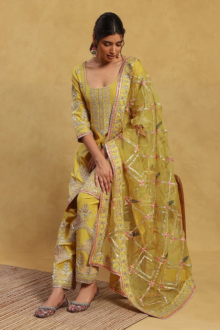 Akriti by Ritika Yellow Silk Embroidered Gota U Neck Jeena Kurta Pant Set 