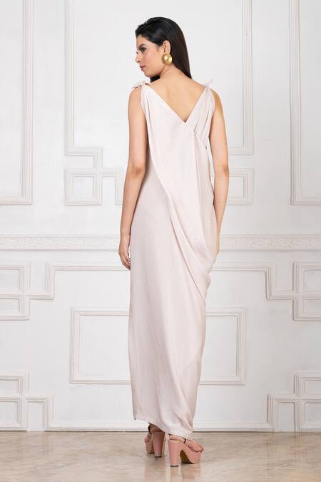 Megha Garg_Off White Satin Embroidery Boat Neck Draped Embellished Gown _Online_at_Aza_Fashions