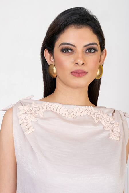 Buy_Megha Garg_Off White Satin Embroidery Boat Neck Draped Embellished Gown _Online_at_Aza_Fashions