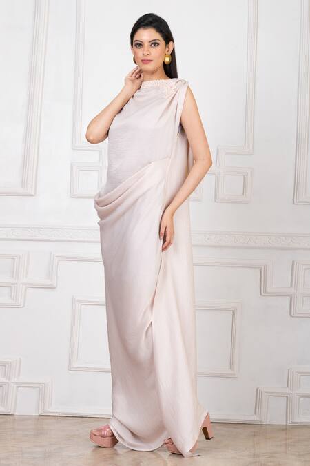 Megha Garg_Off White Satin Embroidery Boat Neck Draped Embellished Gown _at_Aza_Fashions