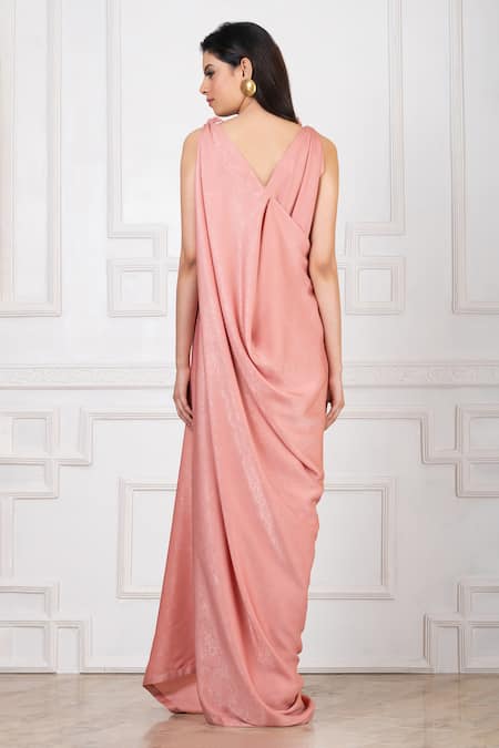 Shop_Megha Garg_Pink Satin Boat Neck Draped Shimmer Gown _at_Aza_Fashions