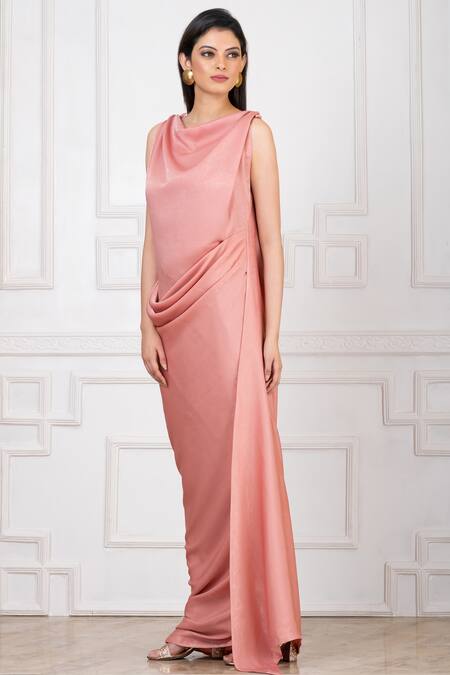 Buy_Megha Garg_Pink Satin Boat Neck Draped Shimmer Gown _Online_at_Aza_Fashions