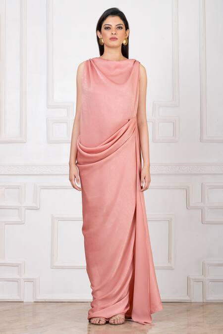 Shop_Megha Garg_Pink Satin Boat Neck Draped Shimmer Gown _Online_at_Aza_Fashions