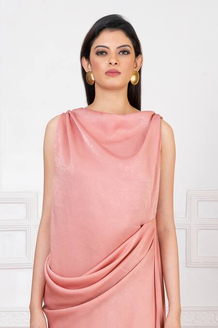 Megha Garg_Pink Satin Boat Neck Draped Shimmer Gown _at_Aza_Fashions